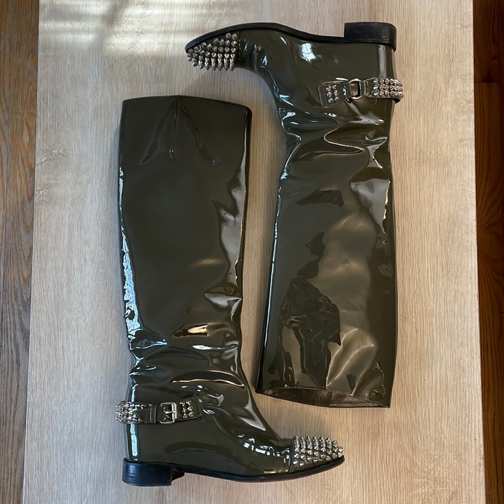 Christian Louboutin Olive Green Patent Leather Studded Knee Boots - Picture 5 of 12